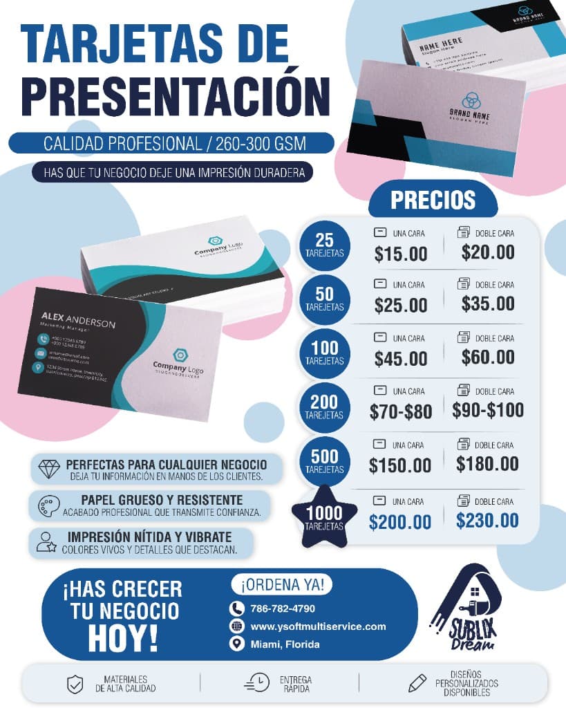 Promocion de tarjetas de presentacion Sublix Dream con precios por cantidad, calidad profesional y contacto en Miami